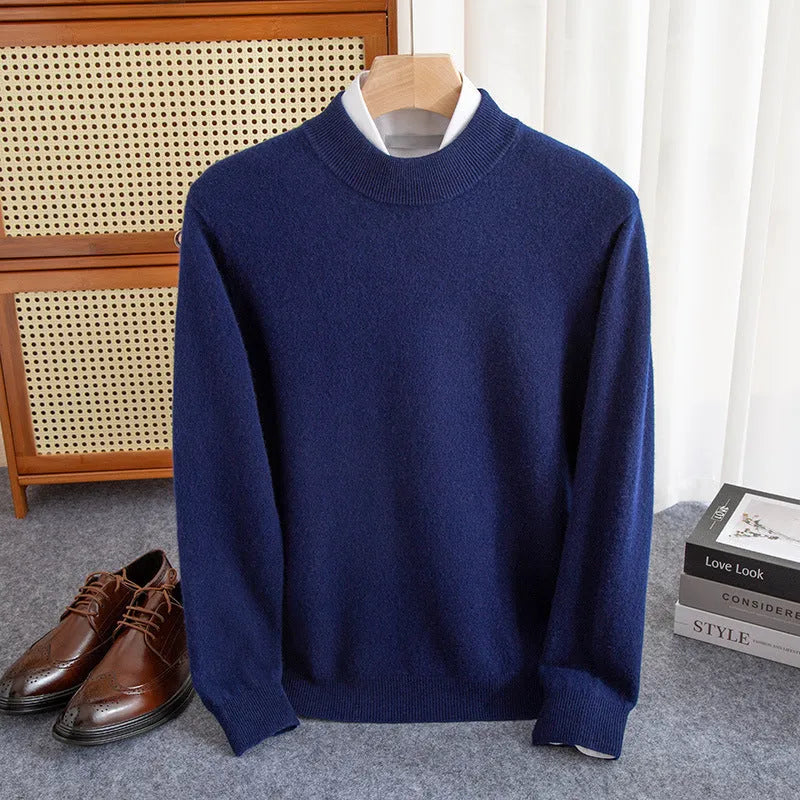 Man wearing a loose-fit half-collar wool sweater in a winter setting.