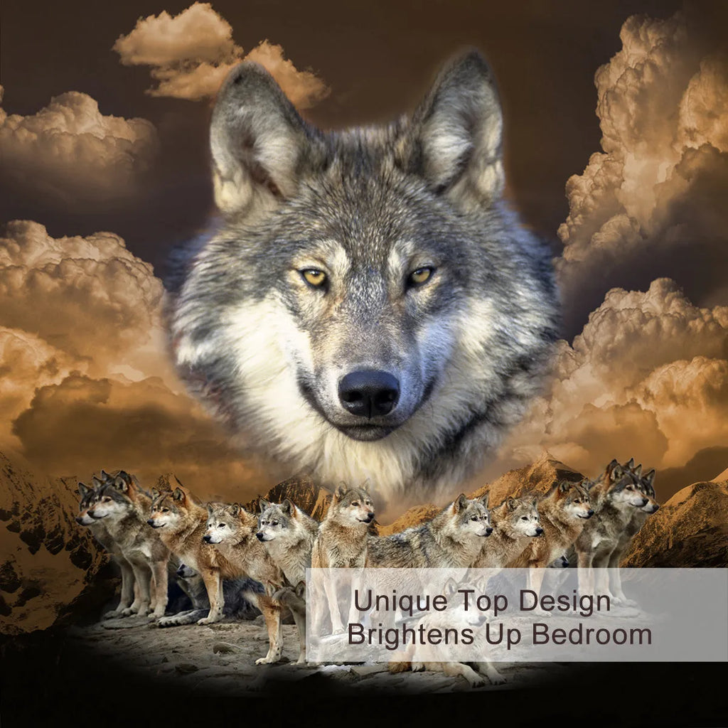 Brown 3-piece wolf print duvet set with microfiber comforter and two pillow shams on bed