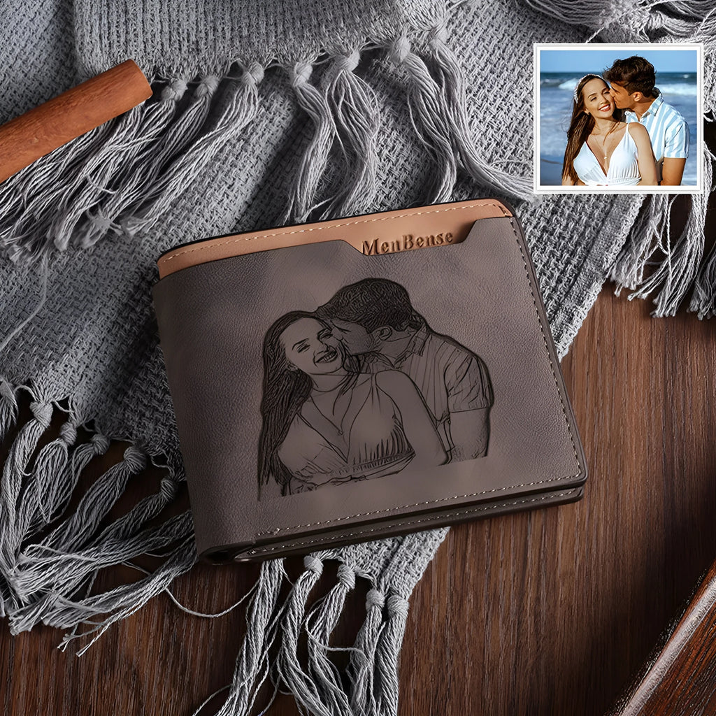 Coffee brown PU leather horizontal wallet with photo engraving, measuring 120mm wide