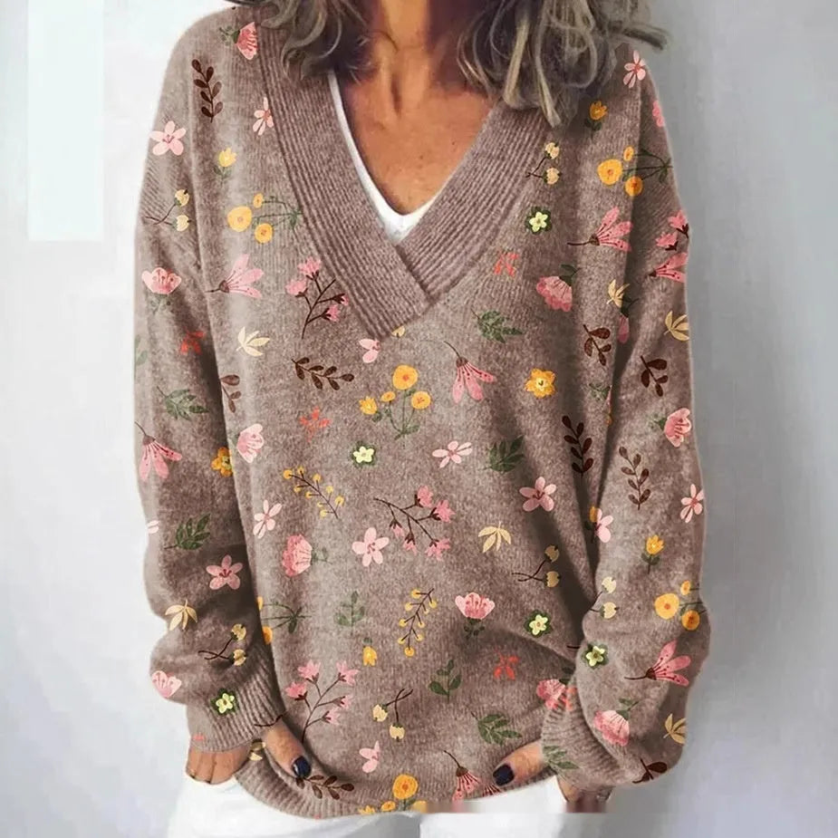 Women's V-neck long sleeve sweatshirt with a detailed 3D floral pattern print in an art retro style.