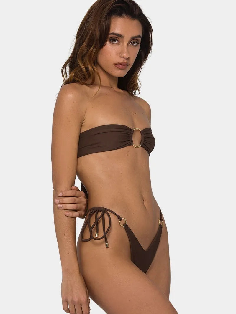 Brown women's push-up bikini swimsuit with ring tether tube top and split design