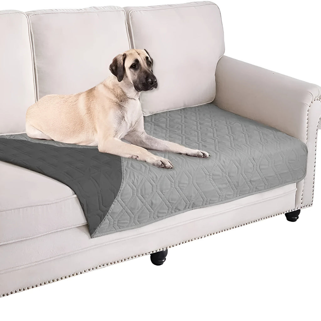 Reversible waterproof dog blanket on a sofa in burgundy colour, showing double-sided design