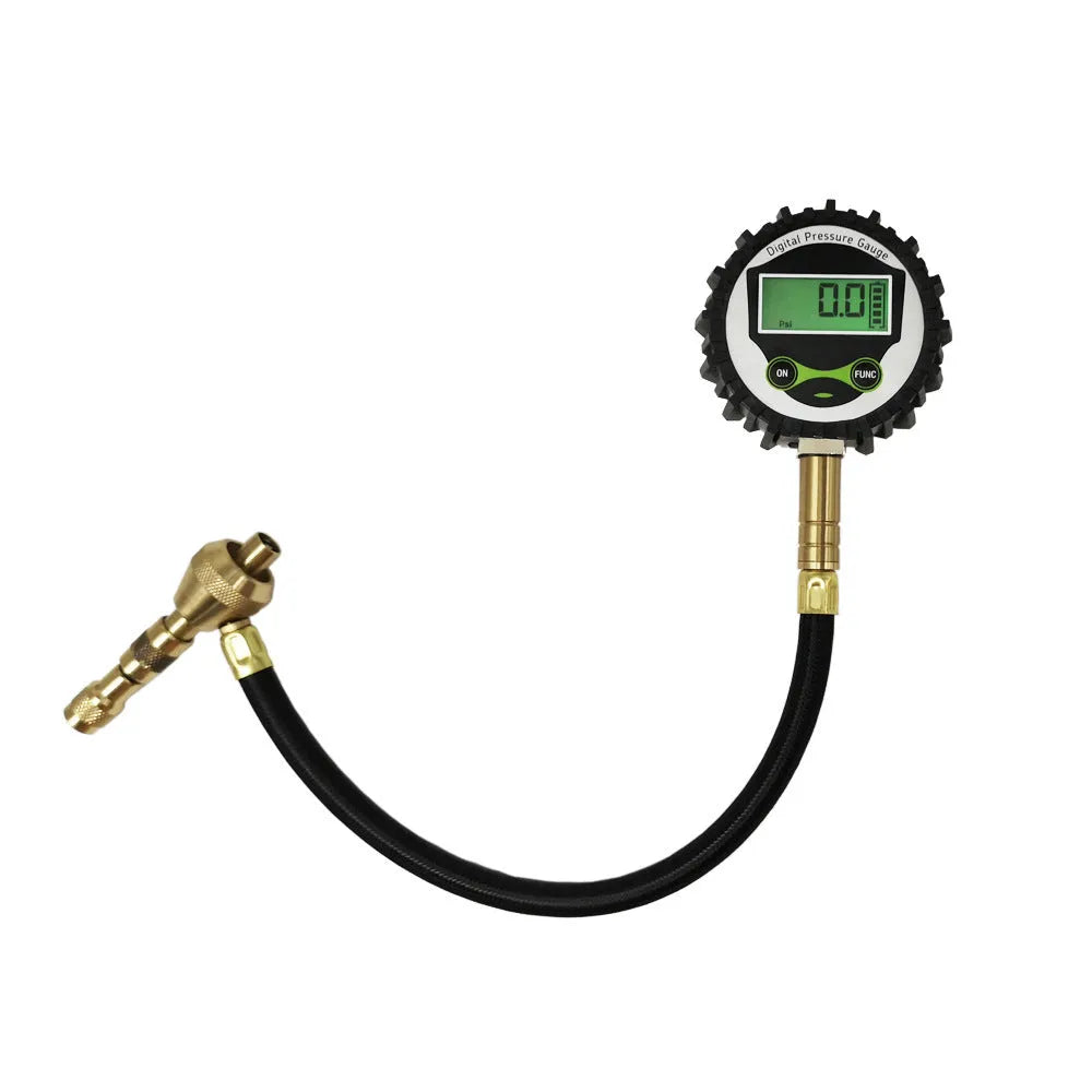 Red and black mechanical tyre pressure gauge with metal body and rubber shell for cars and SUVs.