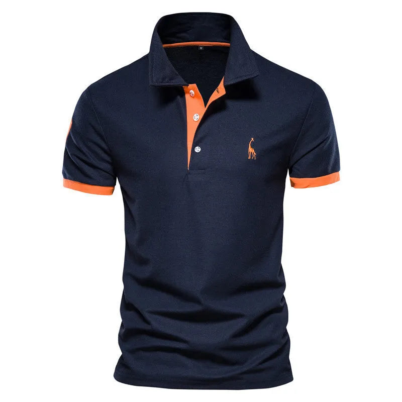 Men's slim fit deer embroidered short sleeve t-shirt on a white background.