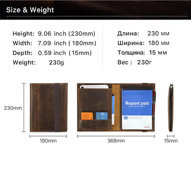 Brown Crazy Horse leather A5 notebook protective sleeve, square socket-type design