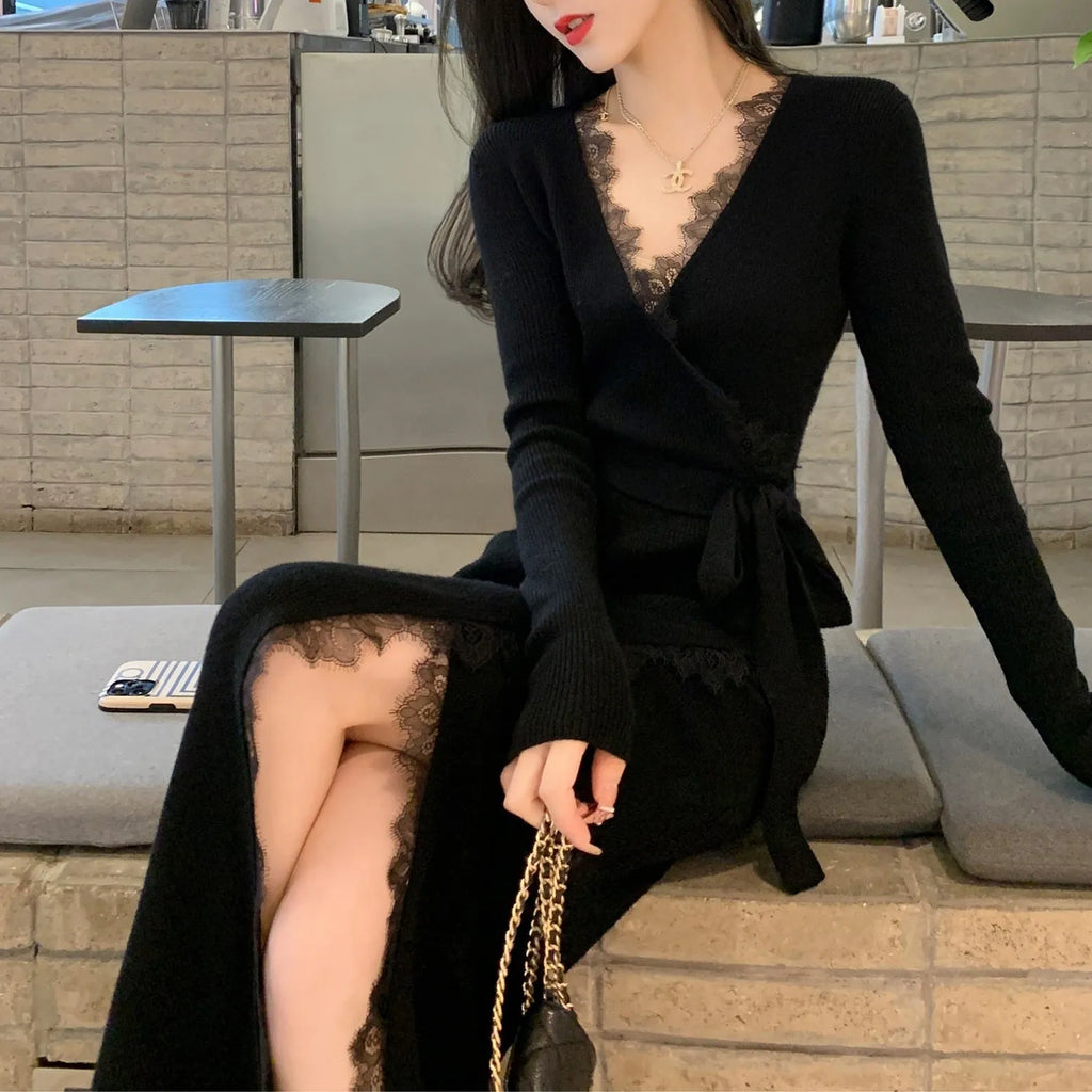 Women's black slim fit wool blend princess dress skirt showing front and side views