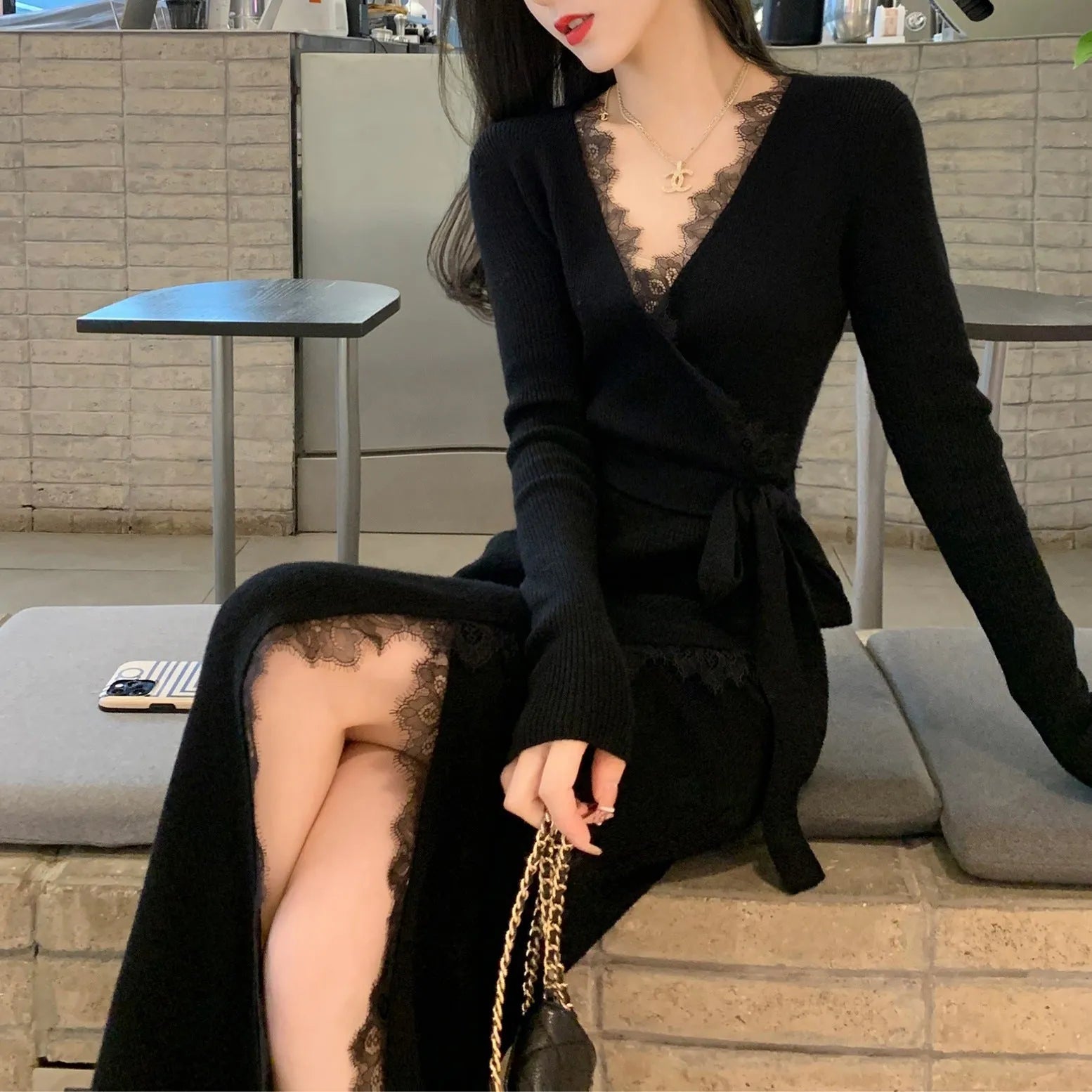 Women's black slim fit wool blend princess dress skirt showing front and side views
