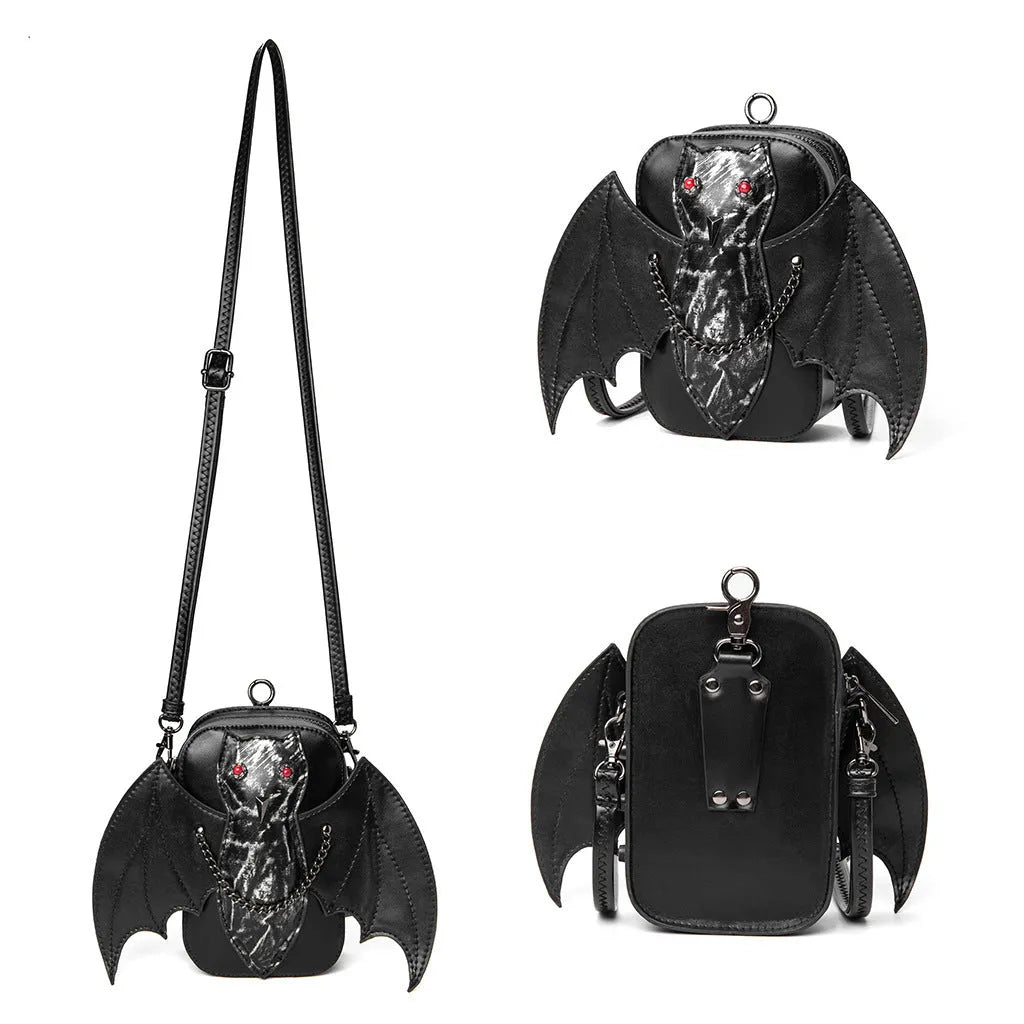 Dark style women's shoulder messenger bag with creative bat design in PU material, square vertical shape, single strap