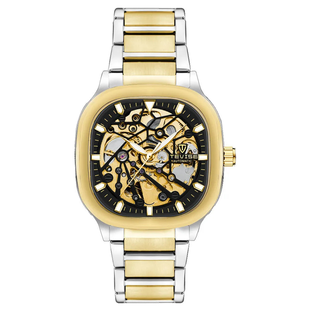 Men's automatic watch with luminous hands on a stainless steel strap, featuring a square hollow metal case.