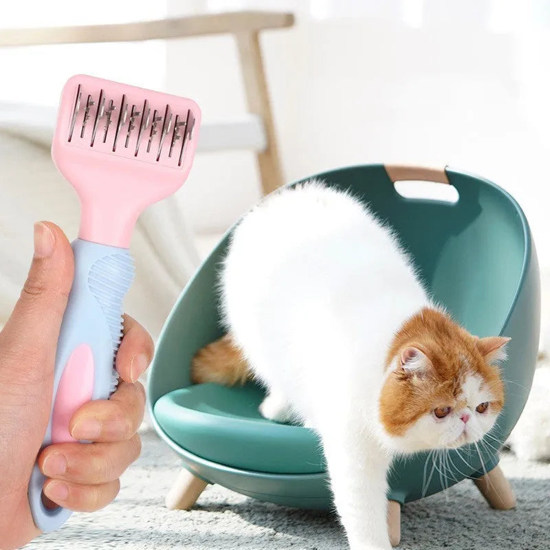 Pink stainless steel knot cutter dog comb with massage bristles for pet grooming