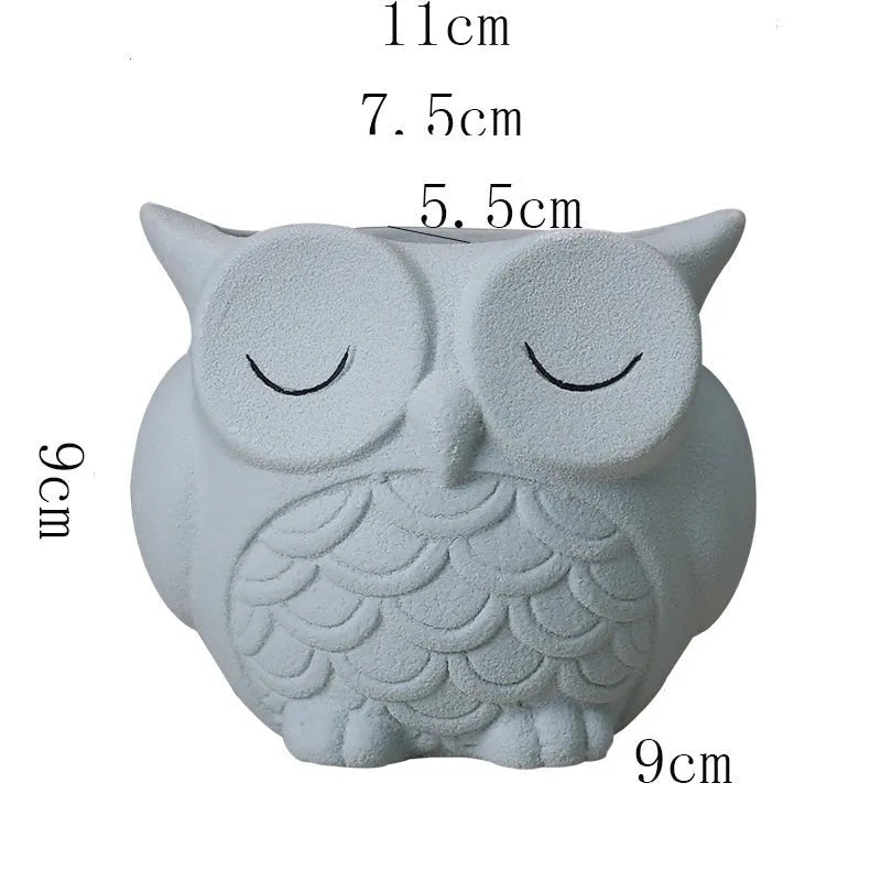 Handmade frosted ceramic owl design flower pot for small succulents in light pink colour