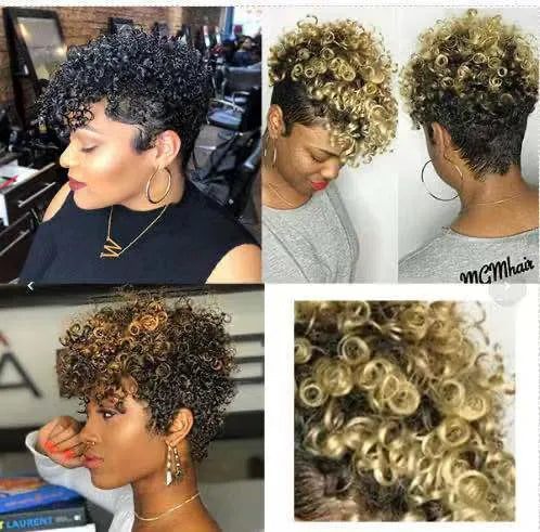 Women's short synthetic wig with exotic rolled style in Kanekalon fibre, shown in black.