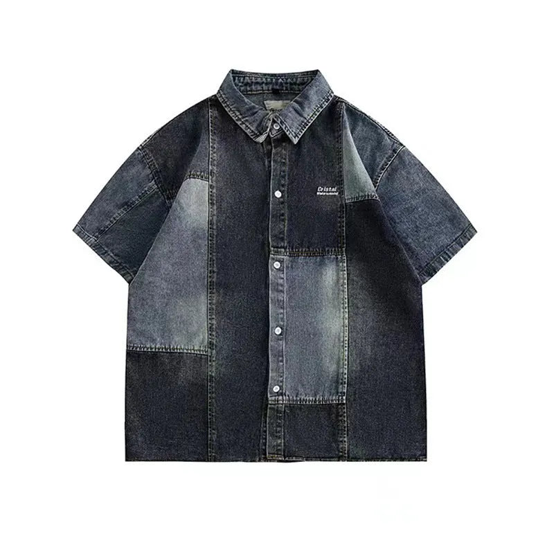 Blue Japanese-style retro washed denim shirt for men in a loose cardigan fit.