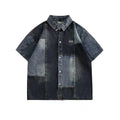 Blue Japanese-style retro washed denim shirt for men in a loose cardigan fit.