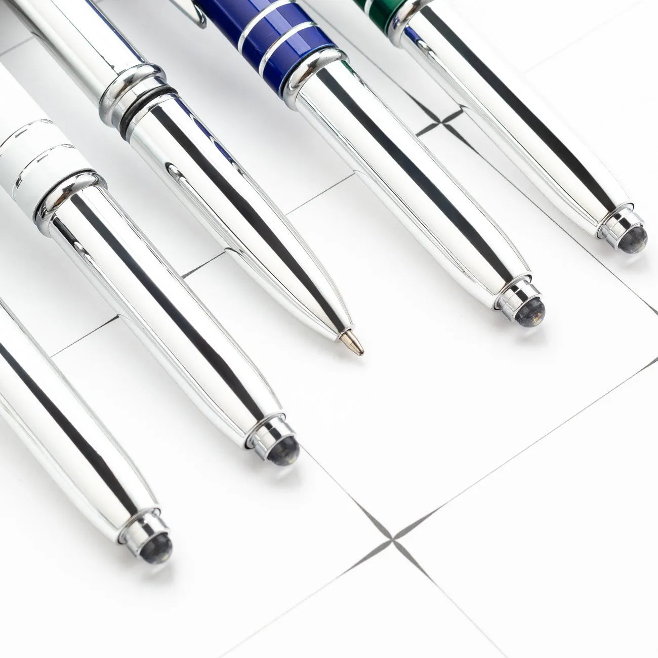 Metal capacitive stylus LED ballpoint pen in five colour options showing bullet pen head