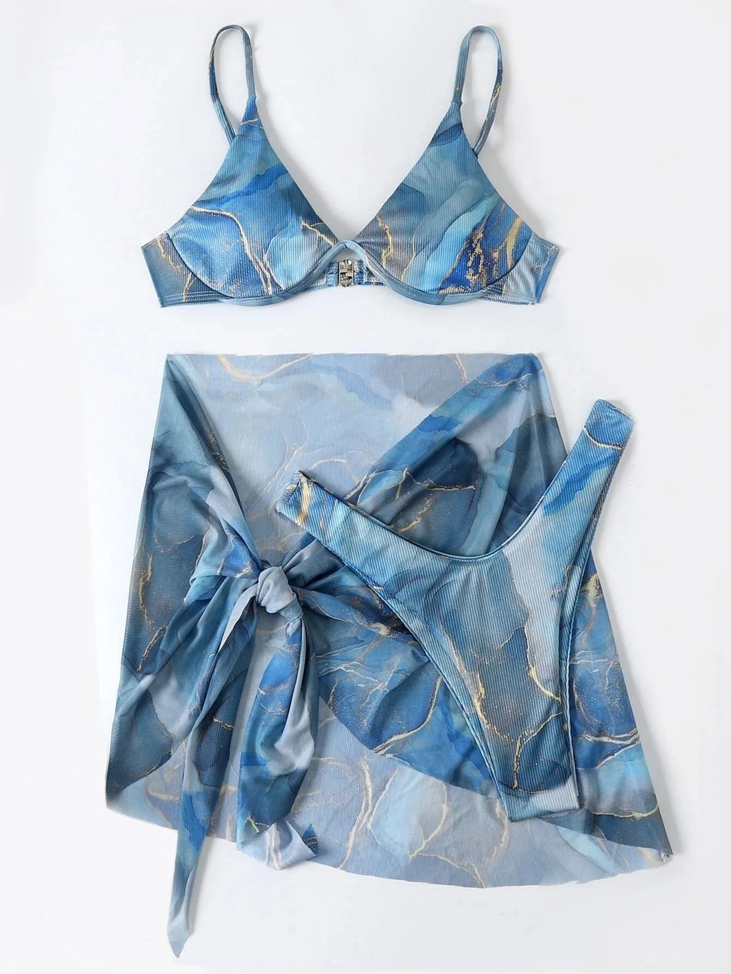 Women's marble print bikini swimwear set showing bra, panties, and skirt in assorted colours.