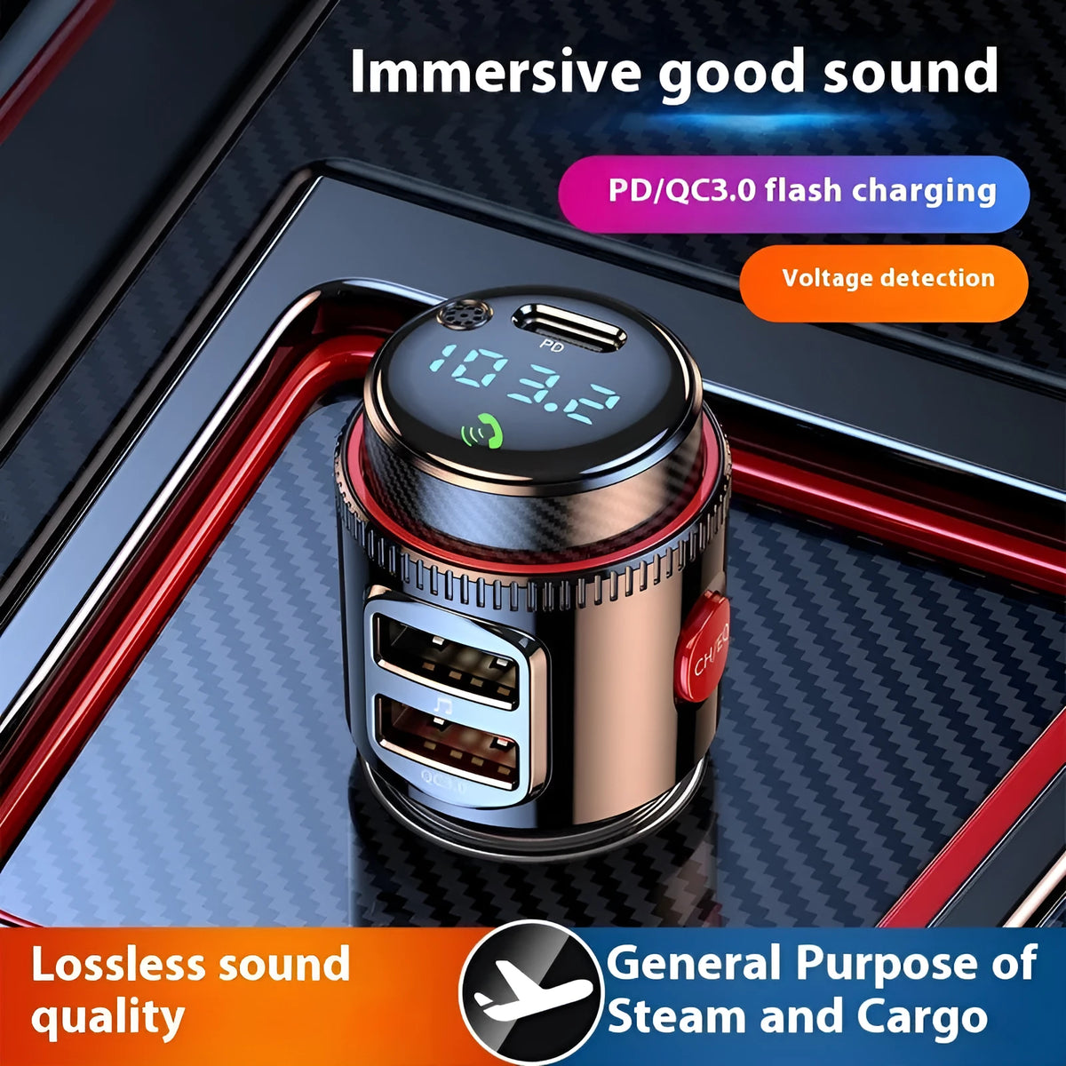 T23 Car MP3 Bluetooth Player with FM transmitter, PD fast charge, 1.2-inch ABS cigarette lighter unit