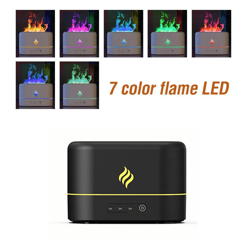 Black or white USB-powered humidifier with seven-colour flame effect lighting and mist outlet