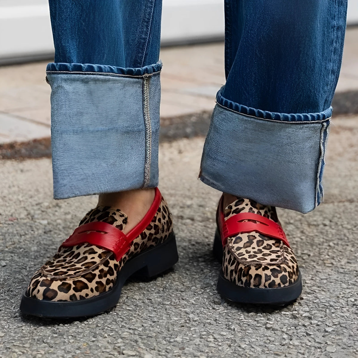 Women's low heel leopard print square heel shoes with round toe and artificial PU upper
