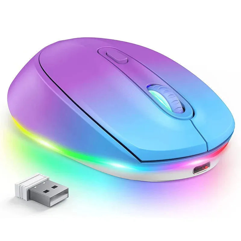 Lightweight 24g wireless mouse with USB charging cable in multiple colour options on a desk.