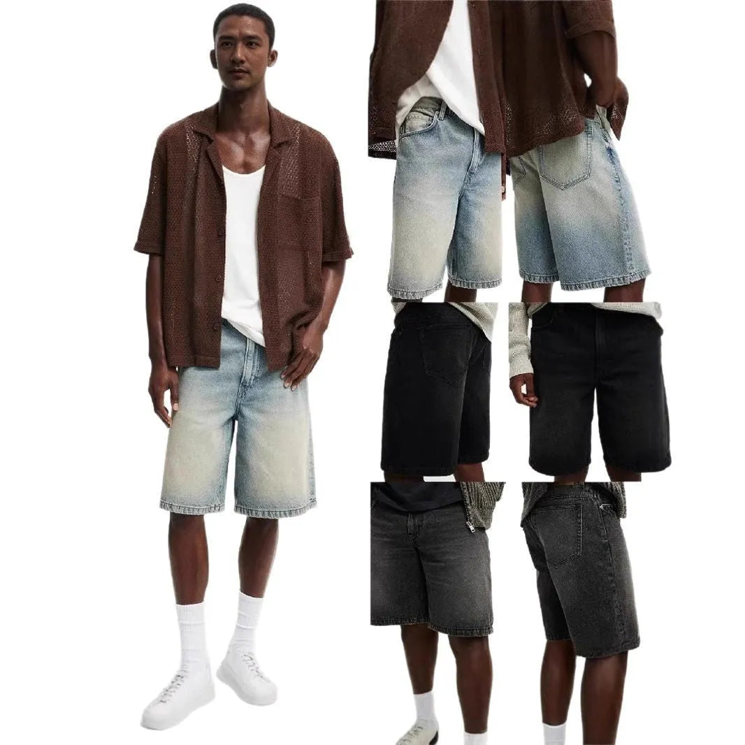 Men's loose straight-leg light blue denim jeans on a white background