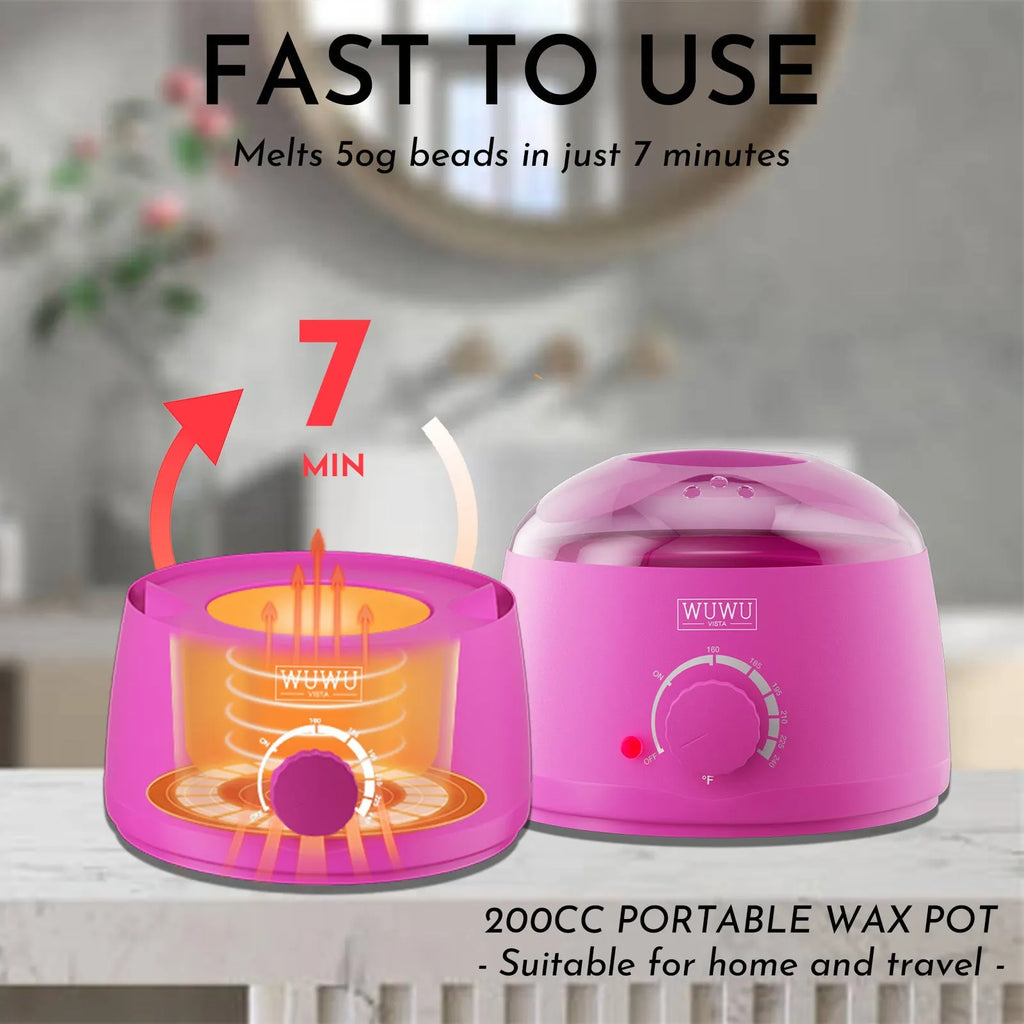 WUWUVISTA 63-piece waxing kit with black wax warmer, wax beads, application sticks, and post-epilation lotion