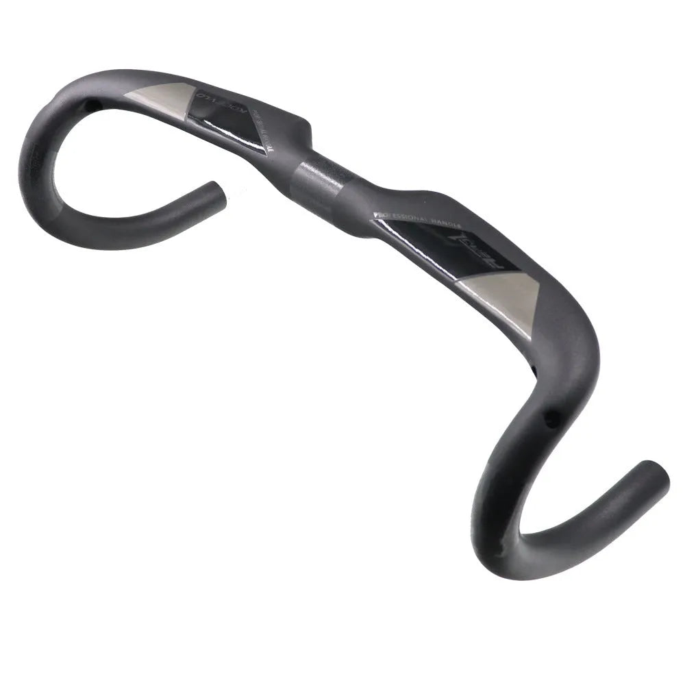 Matt carbon fibre road bike drop handlebar shown in bent shape with size options