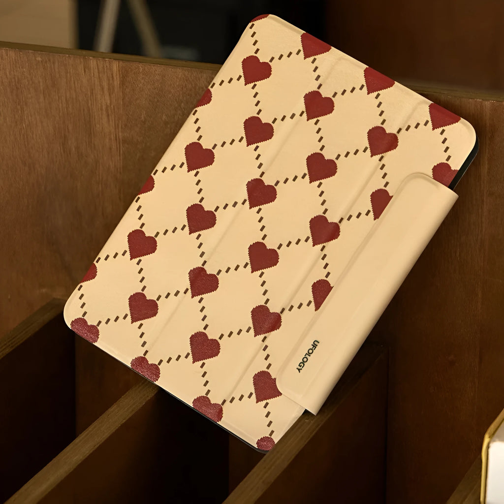 Magnetic protective case for iPad Air tablets showing double-sided suction and optional inner shell configuration