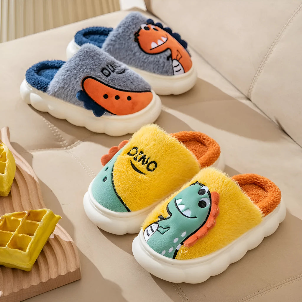 Cotton plush dinosaur pattern couple slippers in grey, coffee, and orange yellow colours