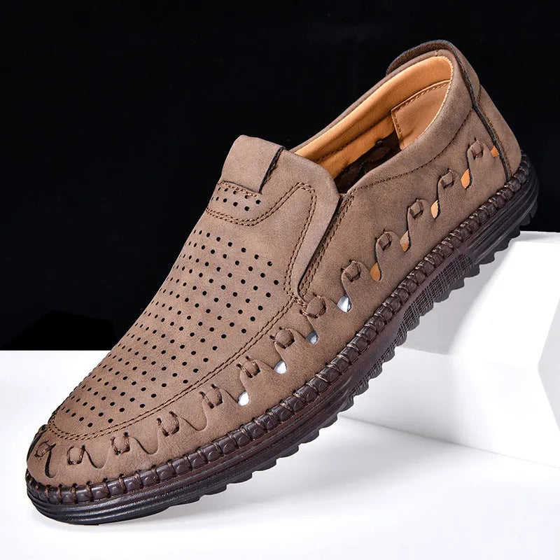 Men's brown slip-on casual shoes with round toe and sewing line details