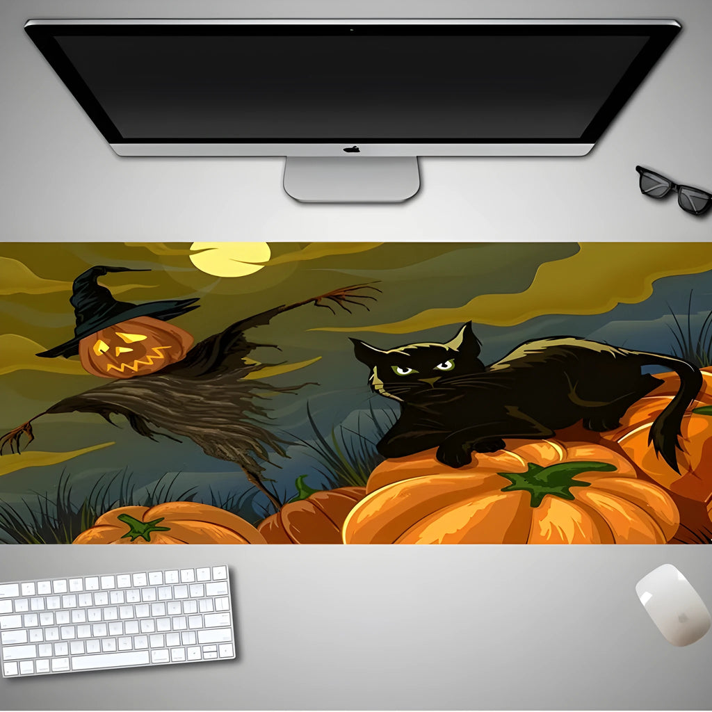 Oversized Halloween-themed computer mouse pad with non-slip rubber cloth backing on wooden desk