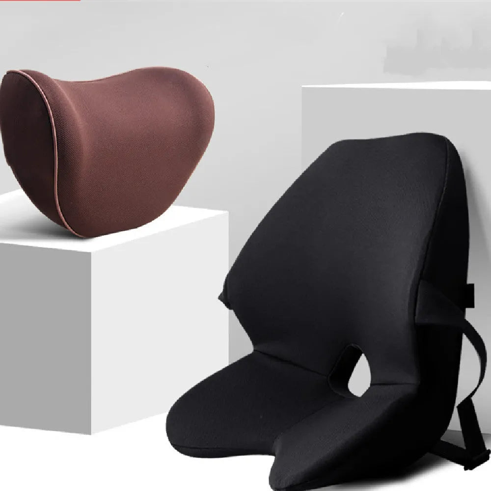 Car seat memory foam waist cushion and headrest set in beige colour