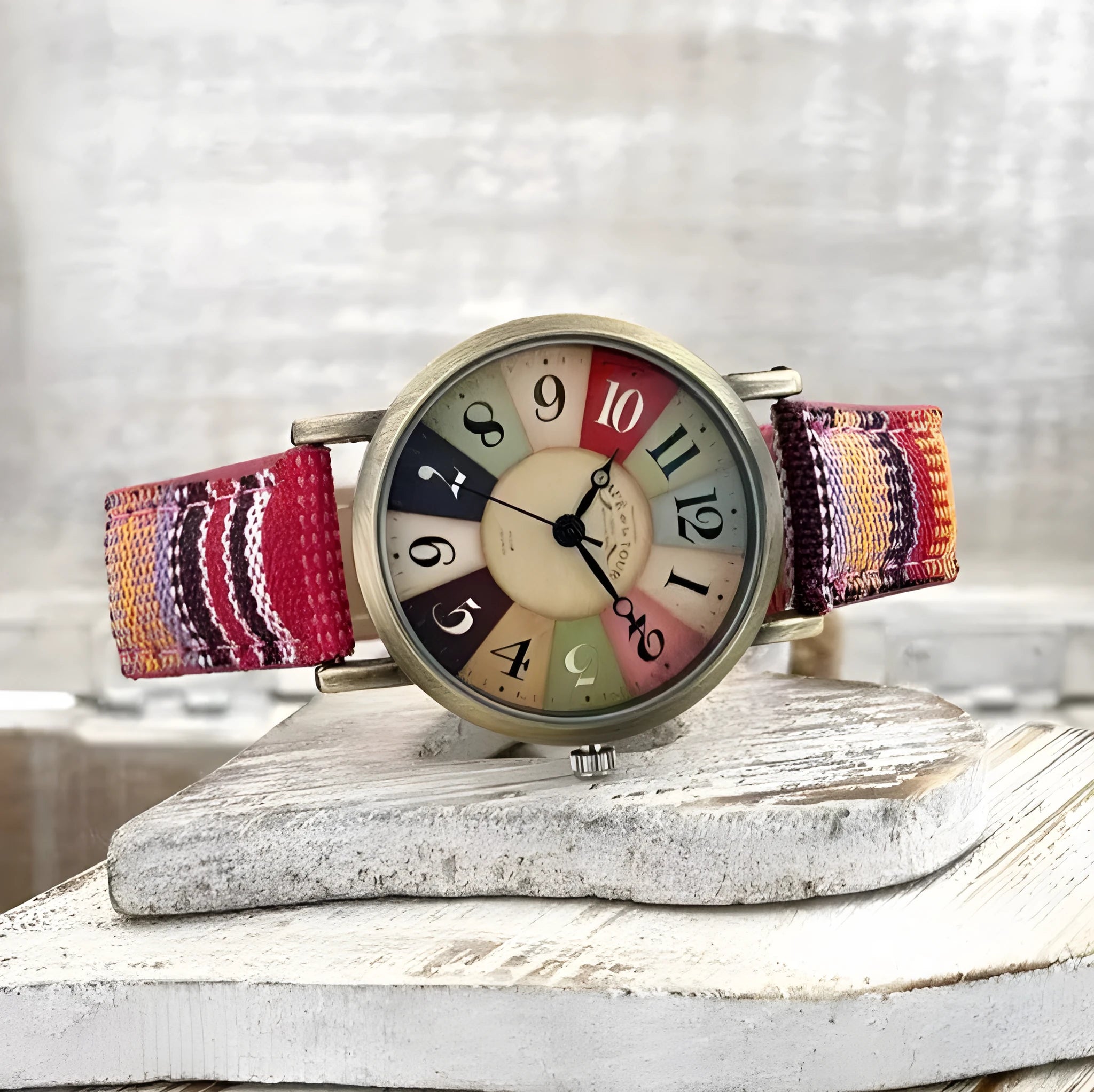 Multicolor rainbow pattern dial ladies watch with bronze metal case and woven PU leather strap