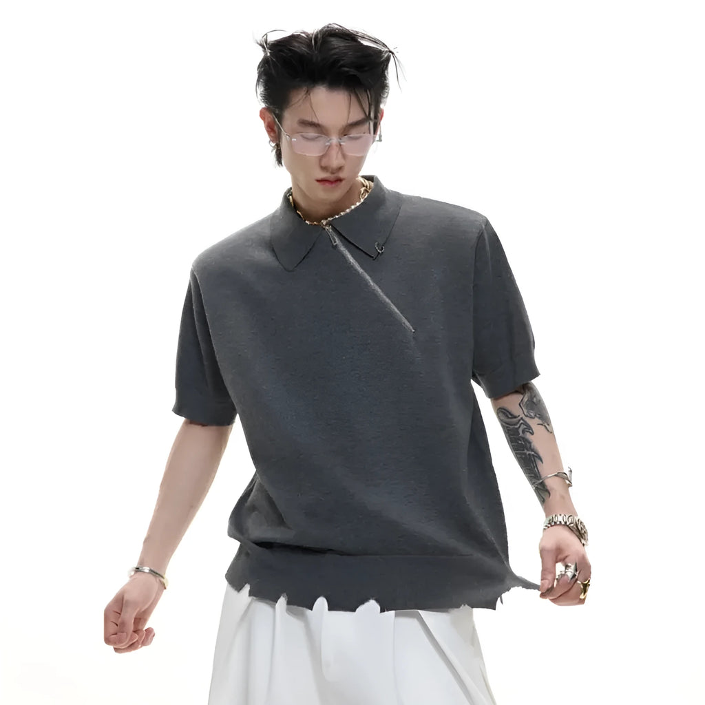 Ice-feeling slim-fit knitted polo shirt for men with an oblique zipper, short sleeves, and a lapel collar in solid colour.