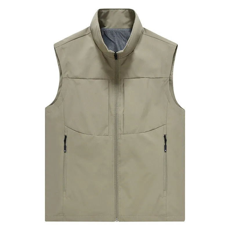 Men's casual stand collar cardigan vest in army green, shown with zipper pockets and a loose fit.