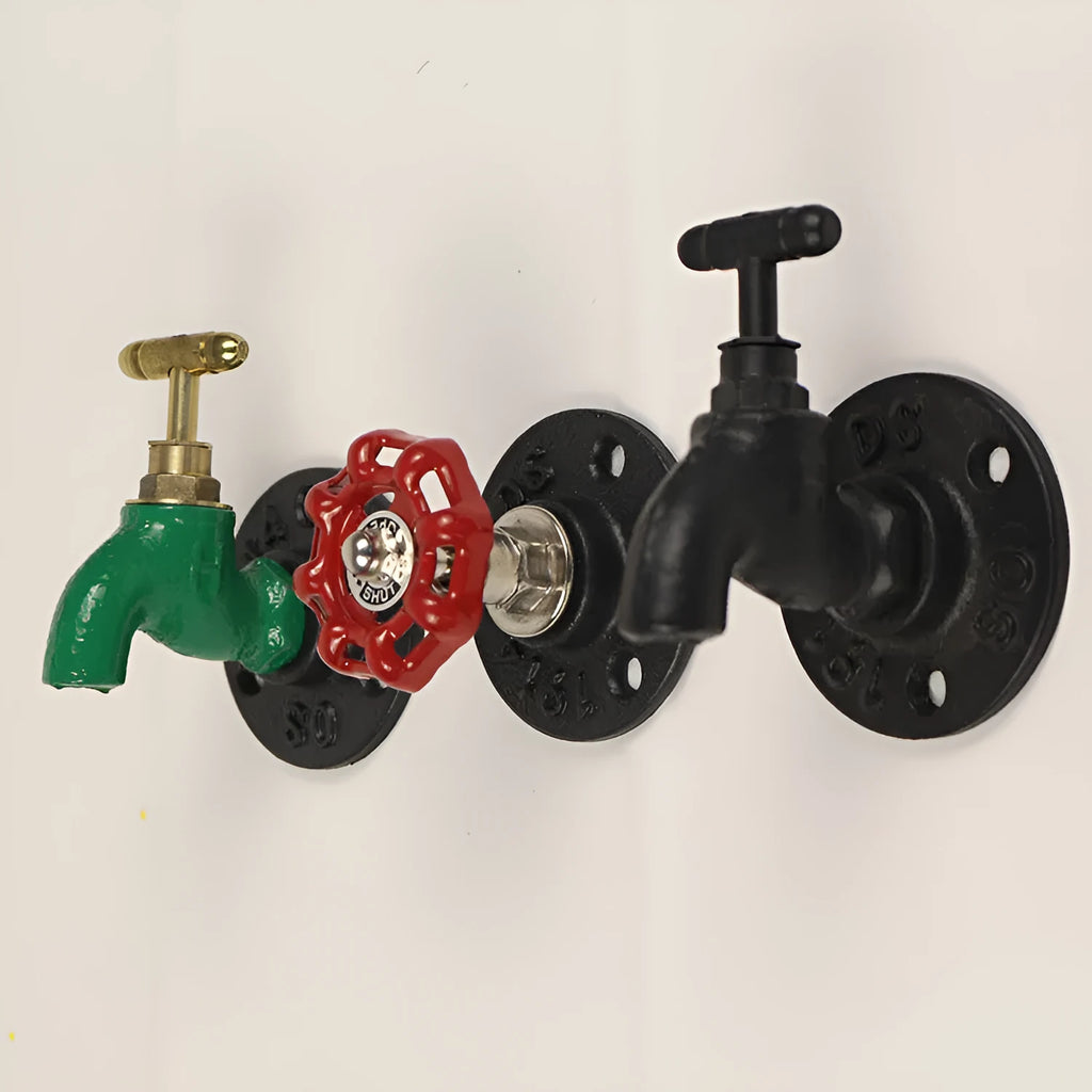 Polished metal wall hook in water pipe style for towels, in black, green, or red.