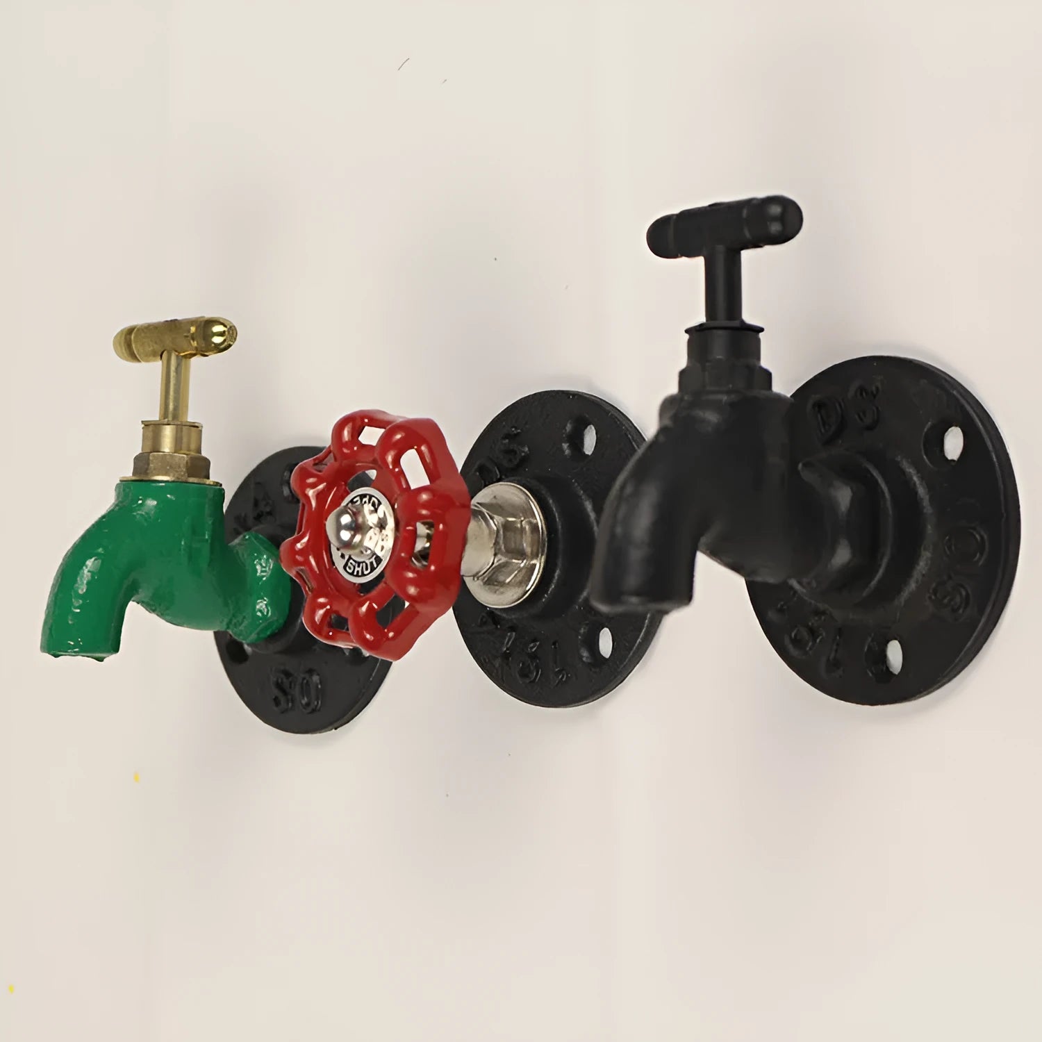 Polished metal wall hook in water pipe style for towels, in black, green, or red.