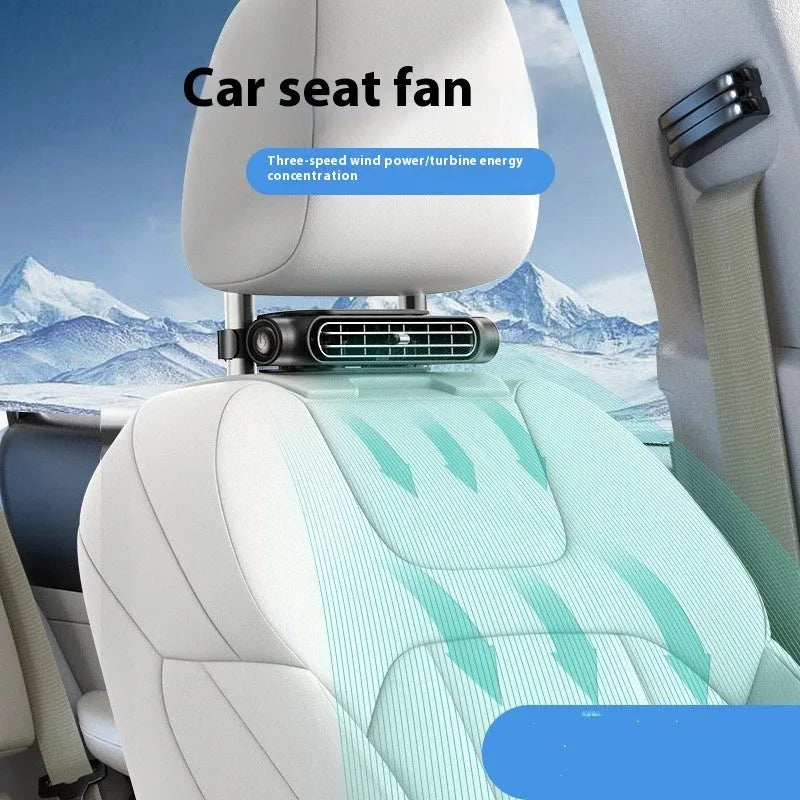USB plug-in car seat fan with velcro straps, shown in black, white, and beige colour options.