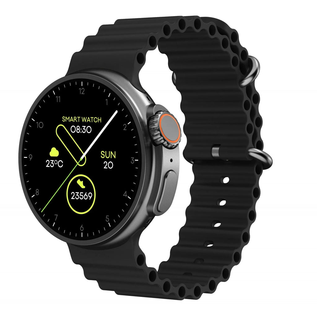 K9 smart watch with round screen in black, orange, silver brown, or yellow with silicone strap