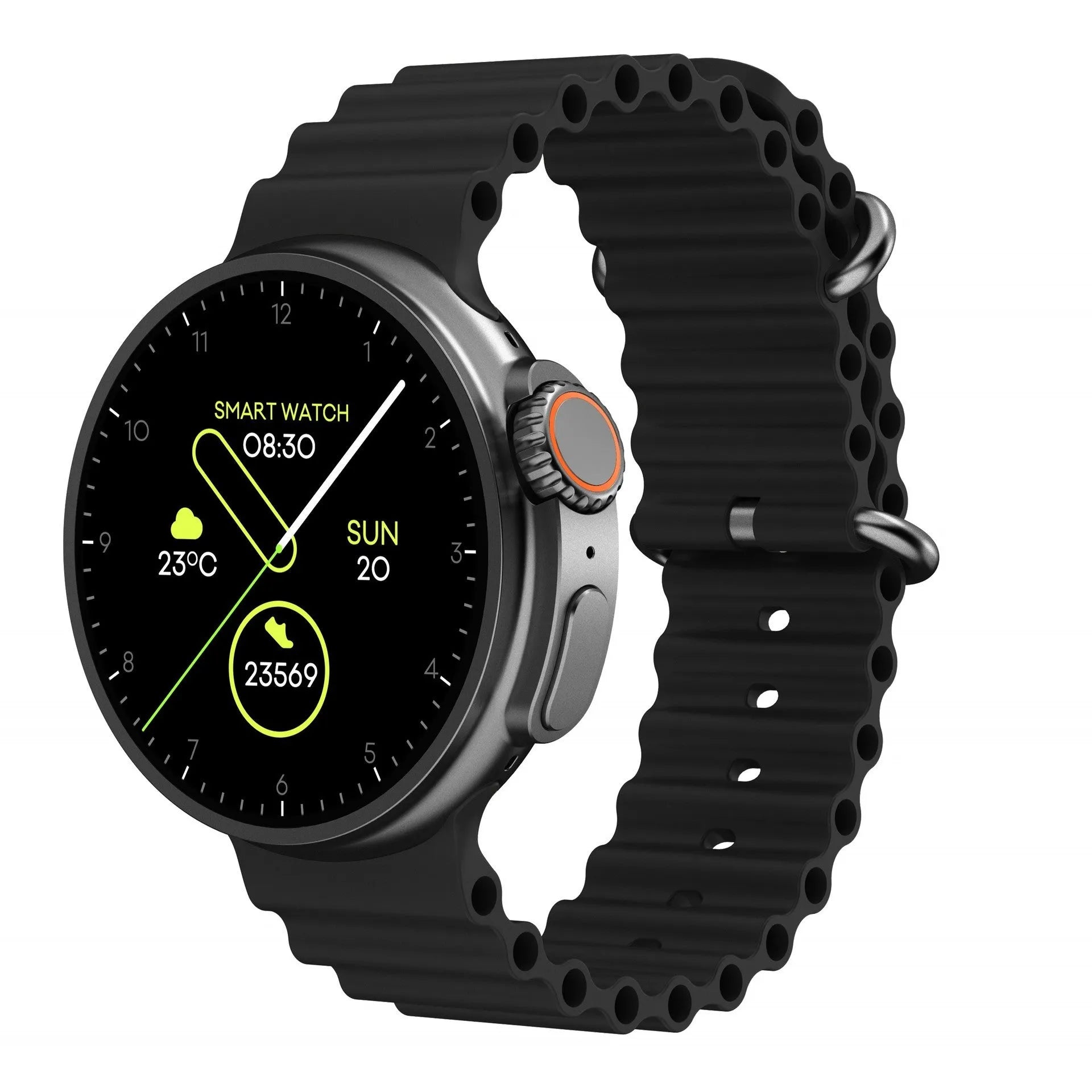 K9 smart watch with round screen in black, orange, silver brown, or yellow with silicone strap