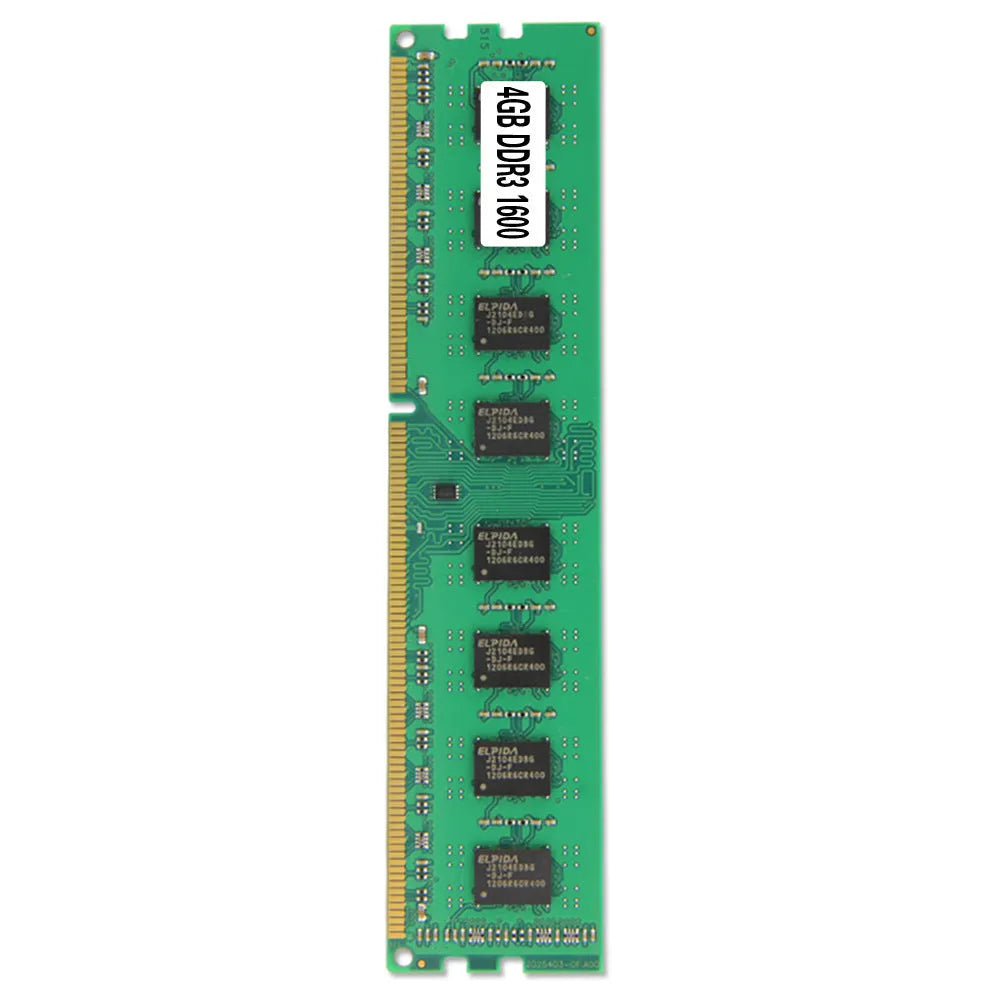 Desktop DDR3 4GB 1600 MHz memory module showing gold contact pins and capacity label