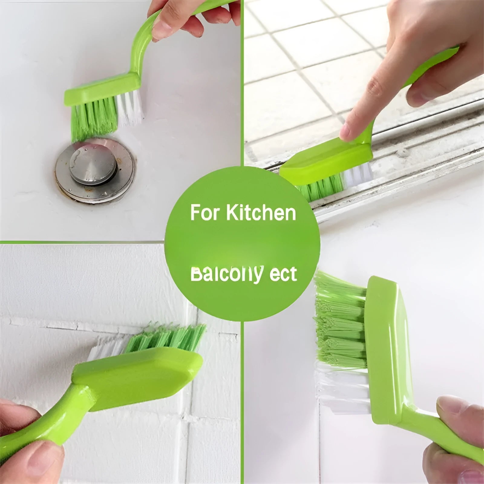 Three green plastic floor seam cleaning brushes arranged on a hard floor surface
