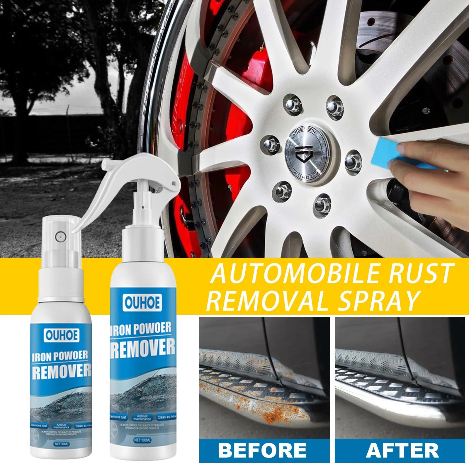 Car iron remover spray bottle in 30ml and 100ml sizes with blue square sponge applicator