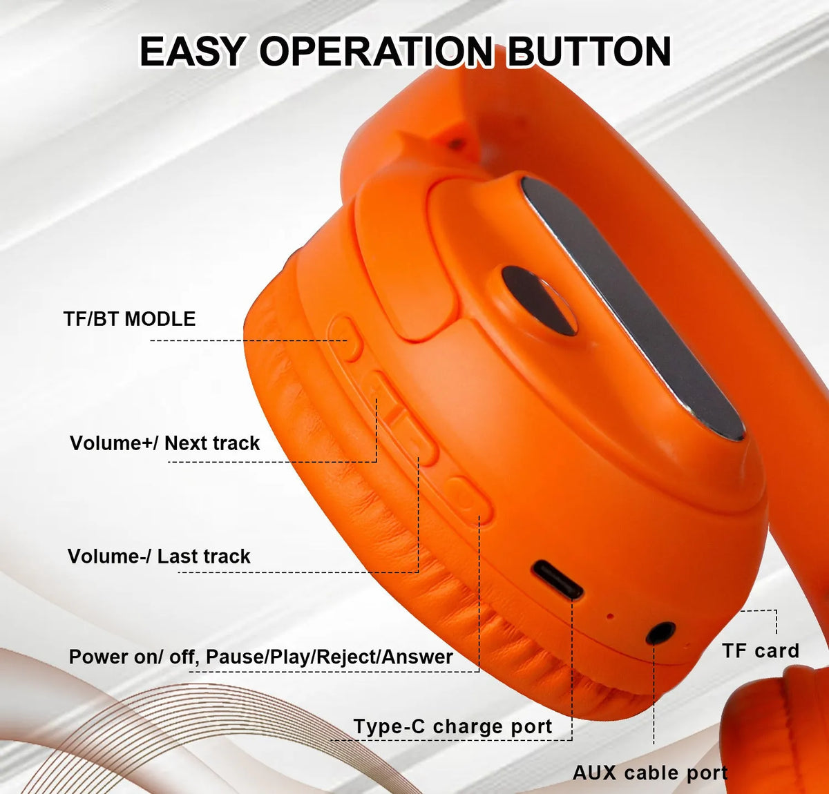 Foldable wireless Bluetooth earphones in retro style, available in orange black and white