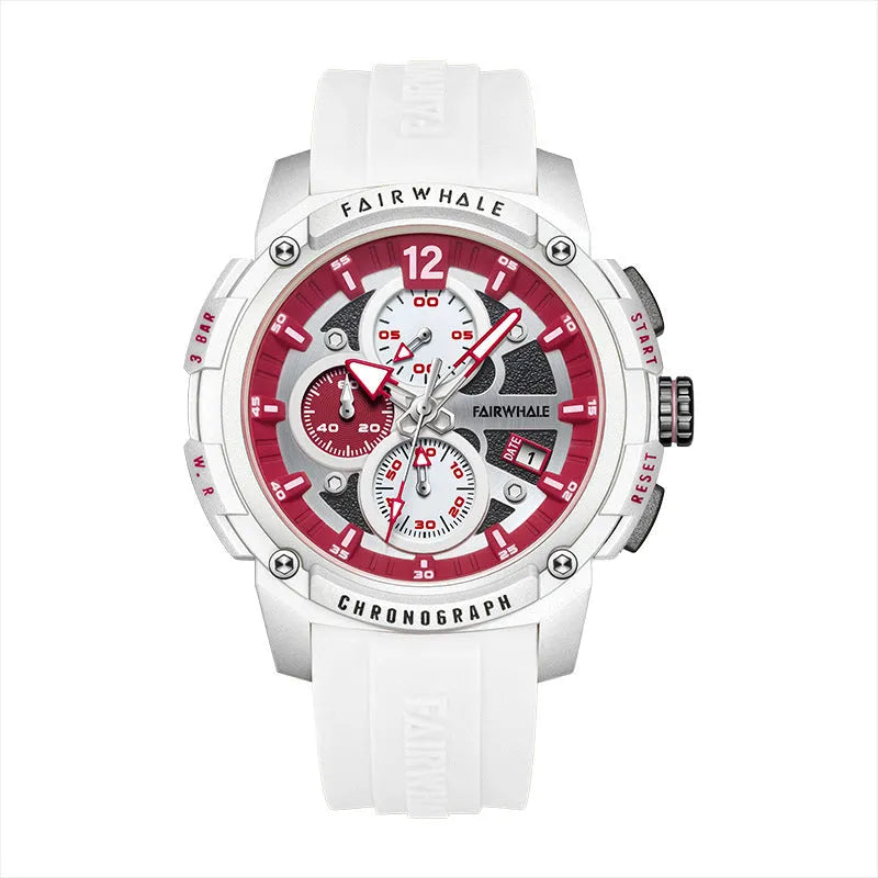 Men's quartz multifunctional watch with black dial and black tape strap, 11mm thickness, sport style