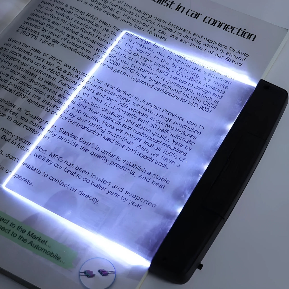 White flat-panel night vision reading lamp on a table, 14.8cm x 17.6cm x 1.5cm