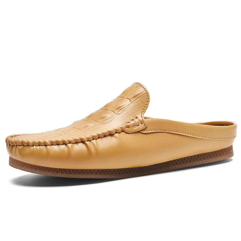 Men's black breathable Gommino semi-slippers with artificial PU upper and rubber sole on a white background