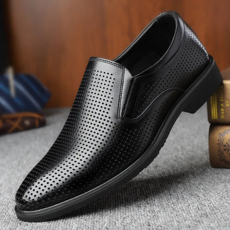 Men's black breathable leather slip-on business casual shoes with rubber sole
