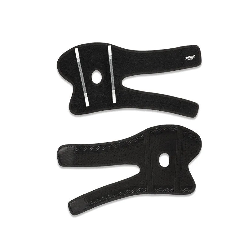 Black adjustable sports elbow guard shown on an arm for badminton, basketball, and outdoor training.