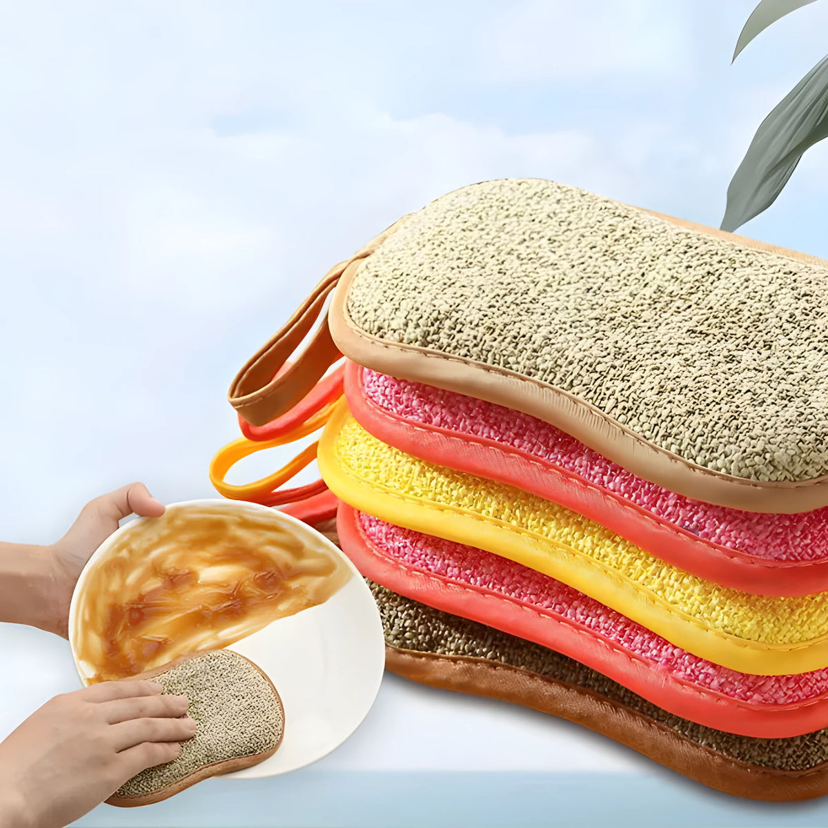 Double-sided kitchen cleaning sponge with microfiber scrub pad for washing bowls, pots and stainless steel surfaces